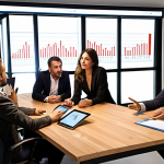 **

`A brightly lit, modern Italian office space. A diverse team of professionals is gathered around a large wooden table, reviewing financial charts displayed on a large screen. The atmosphere is collaborative and focused. One team member gestures towards the screen while another takes notes on a tablet. The scene emphasizes teamwork, financial planning, and technology use. Capture the essence of "Coinvolgimento del Team" (Team Involvement) and "Monitoraggio Costante dei Progressi" (Constant Progress Monitoring). Consider warm, inviting lighting and realistic details.`

**