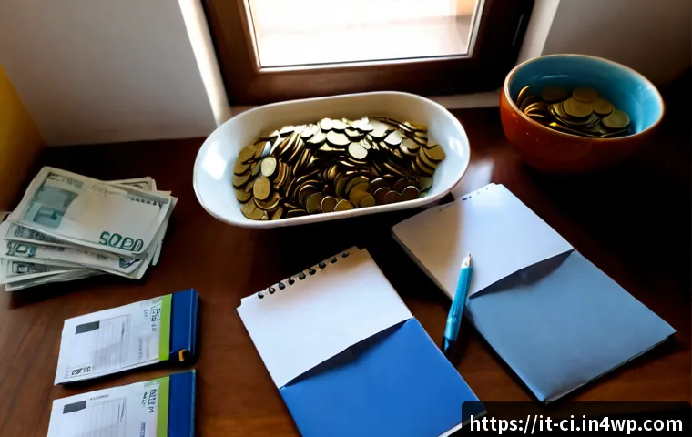 Home 9 버킷 예산 시스템의 지속 가능성 평가 - Photorealistic overhead view of an Italian household budget planning table, five simple ceramic bowl...